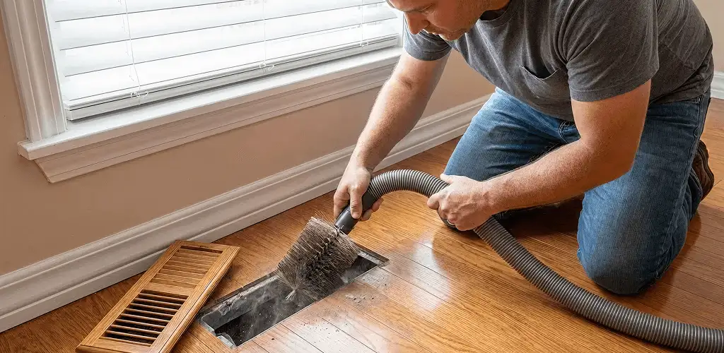 Air duct cleaning technician vacuuming a floor vent and duct opening in Henderson, NV