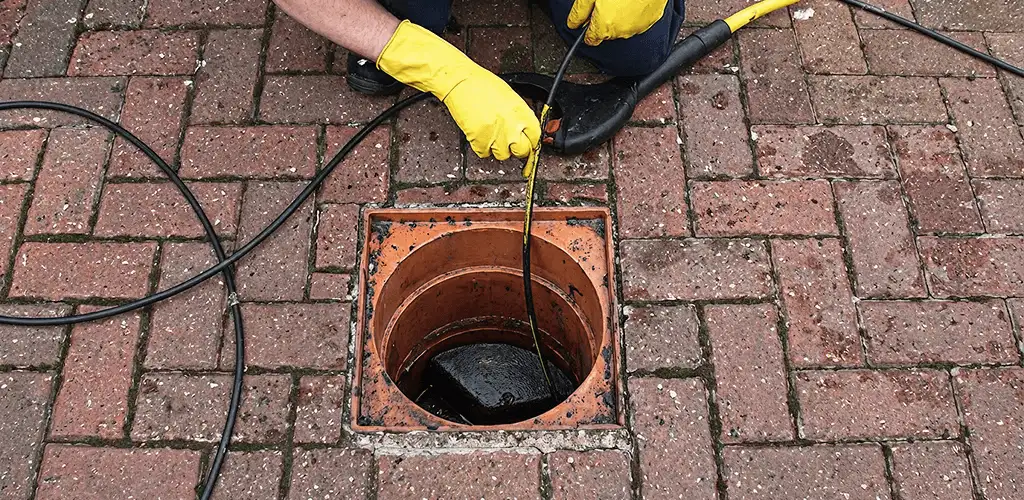 Drain cleaning technician using a drain snake to clear a clogged drain in Henderson, NV