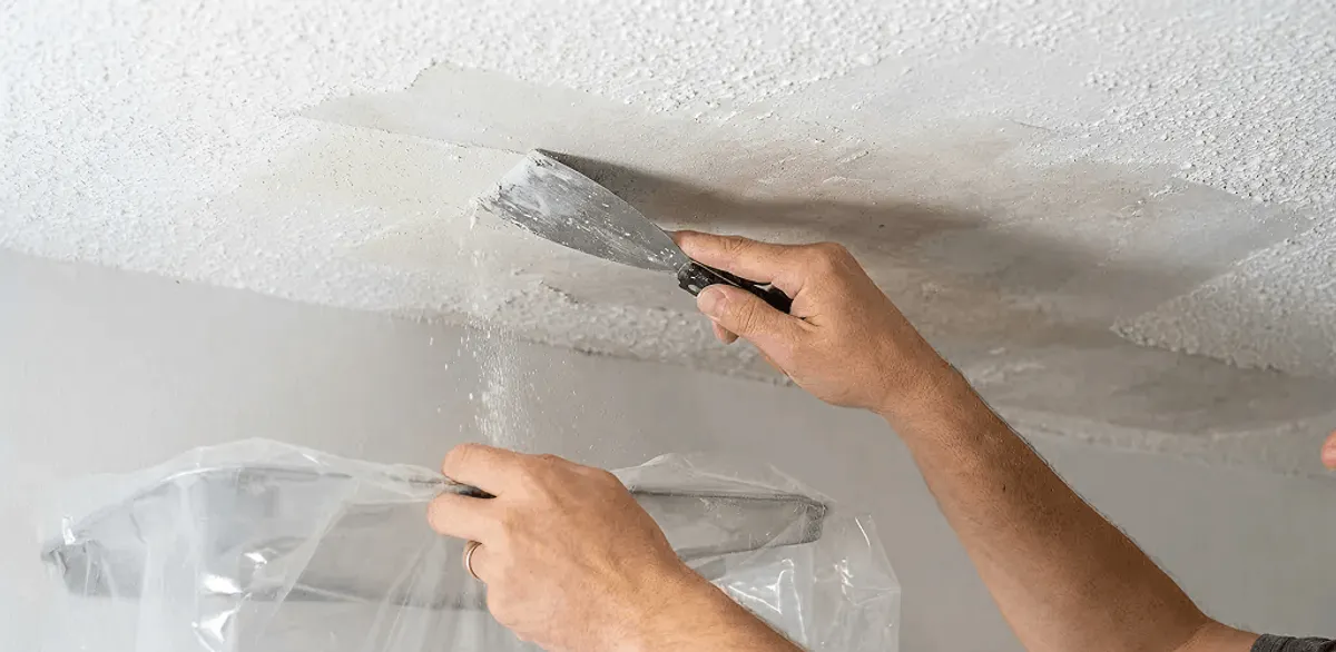 Popcorn ceiling removal technician scraping texture from a ceiling in Henderson, NV