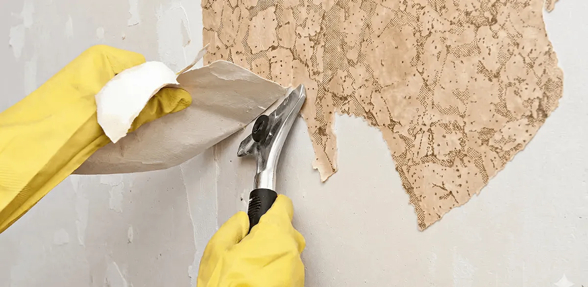 Wallpaper removal service stripping old wallpaper from a wall in Henderson, NV