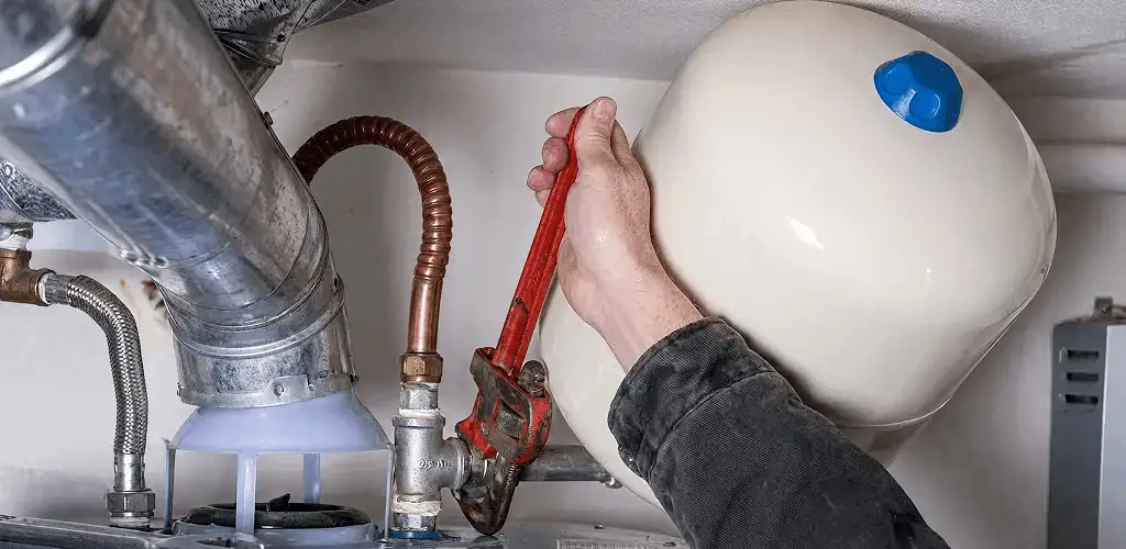 Water heater repair technician tightening plumbing connections near a tank unit in Henderson, NV